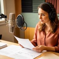 Consultora de contenidos revisando un guion de podcast junto a un micrófono