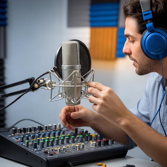Podcaster ajustando un micrófono frente a una mesa de mezclas en un estudio de Aranjuez