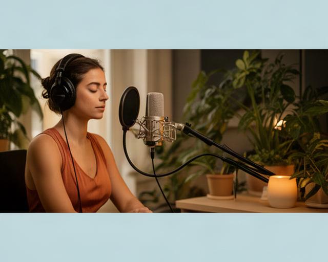 Profesional del bienestar grabando una meditación junto a un micrófono y plantas naturales en un estudio cálido