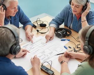 Grupo de estudiantes revisando un guion de podcast sobre una mesa con auriculares